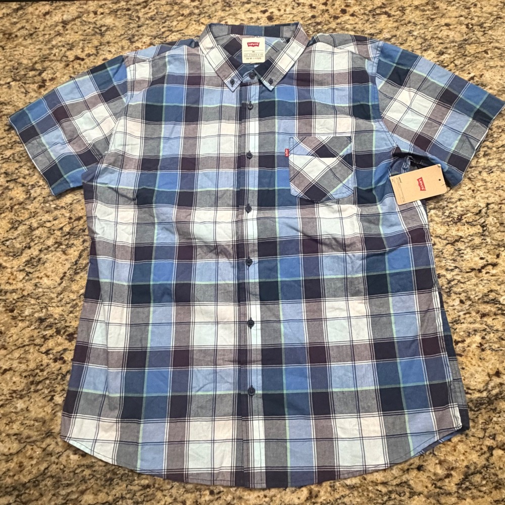 Levis Mens XXL Short Sleeve Plaid Button Down Shirt Riverside Blue ws